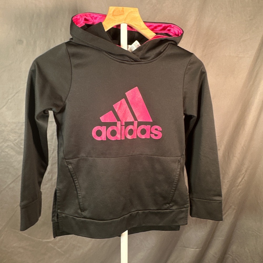 Adidas Girls Black Pink Logo Fleece Lined Hoodie Sweatshirt Size M 10/12